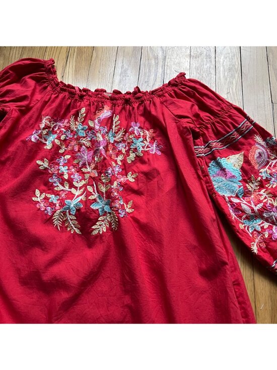Free People Size S Red Fleur Du Jour Floral Embroidered Boho Off Shoulder Dress - Picture 13 of 16